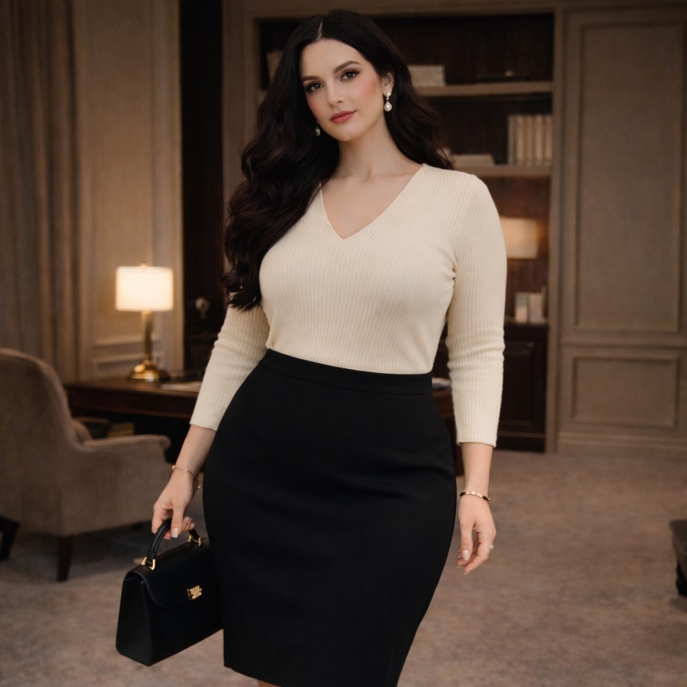 St. John Caviar Black Knit Pencil Skirt Classic Office Workwear Chic 14